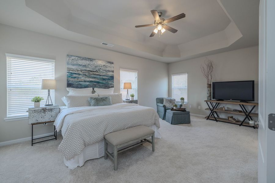 Master bedroom with elegant tray ceiling and spa-like master bath