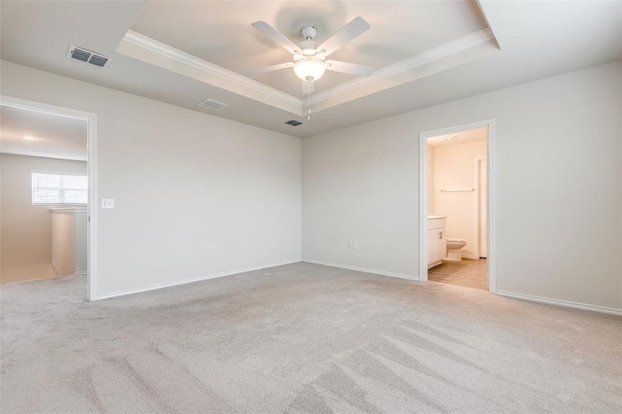 Unfurnished room featuring ceiling fan, carpet floors, and a tray ceiling