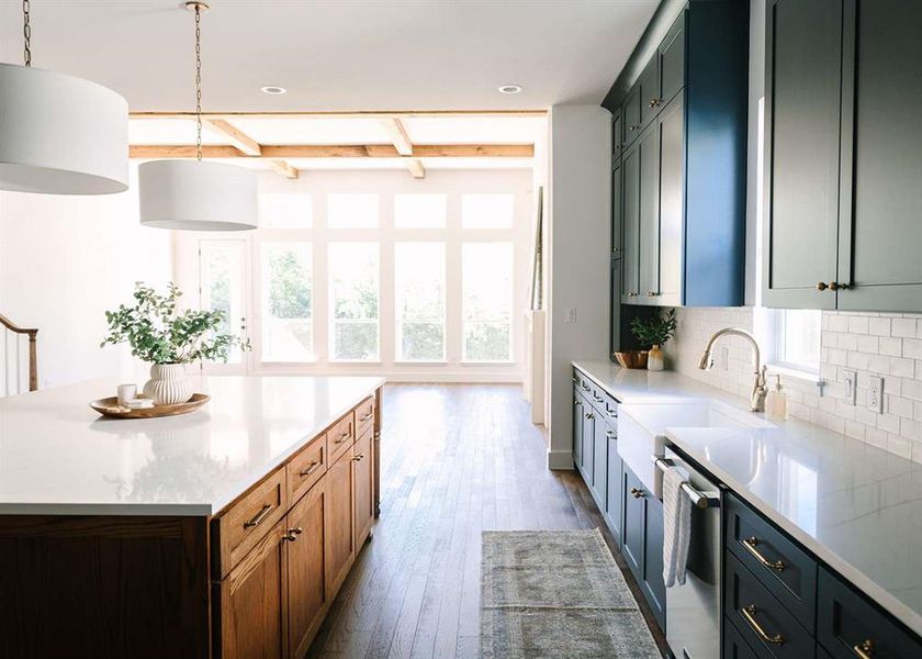 Kitchen with pendant lighting, plenty of natural light, hardwood / wood-style floors, and stainless steel dishwasher