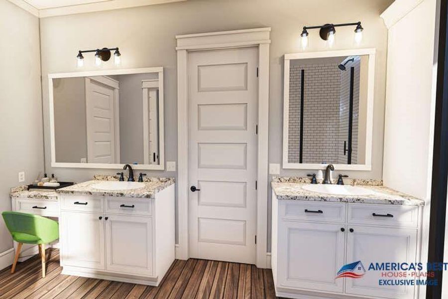 Bathroom with crown molding, hardwood / wood-style flooring, and dual bowl vanity