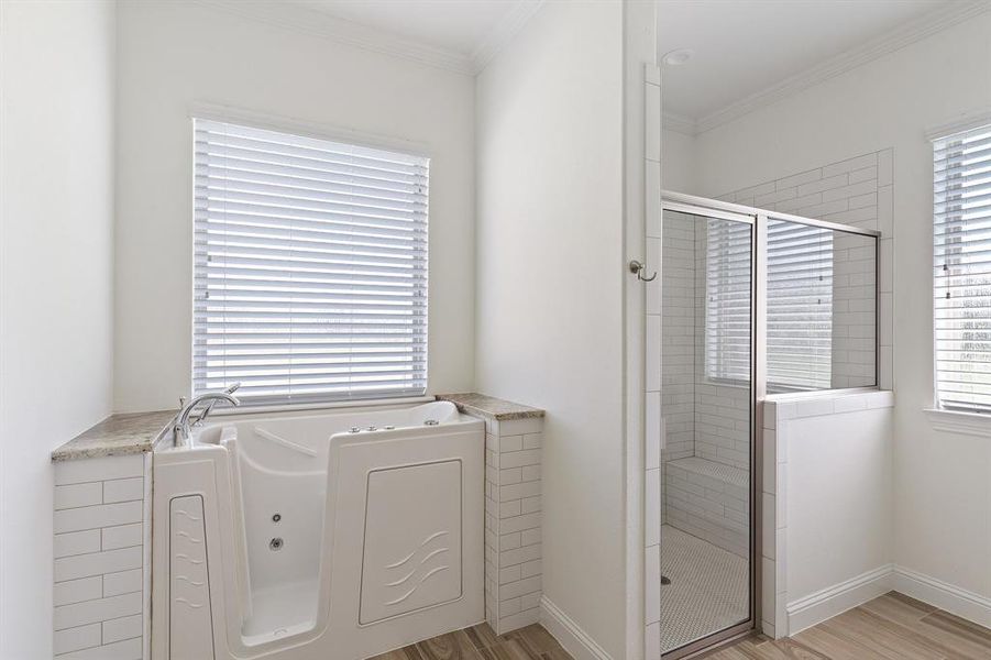 Bathroom with hardwood / wood-style floors, a wealth of natural light, and separate shower and tub