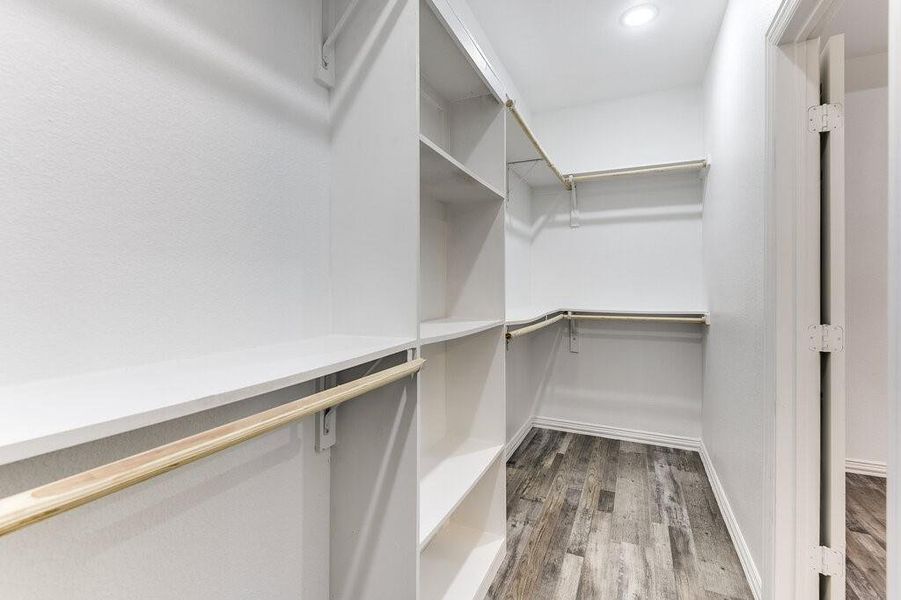 Walk in closet with hardwood / wood-style floors