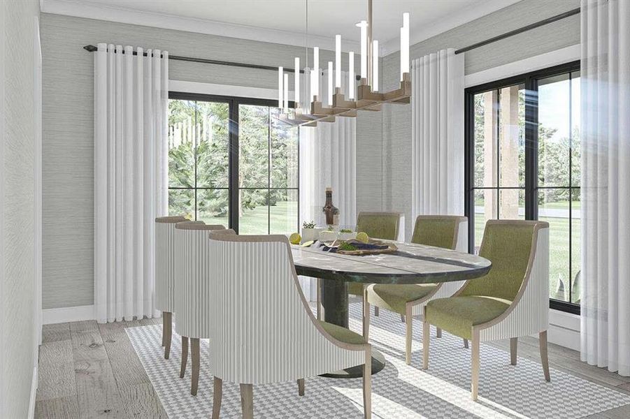 Dining room with an inviting chandelier, ornamental molding, and a healthy amount of sunlight