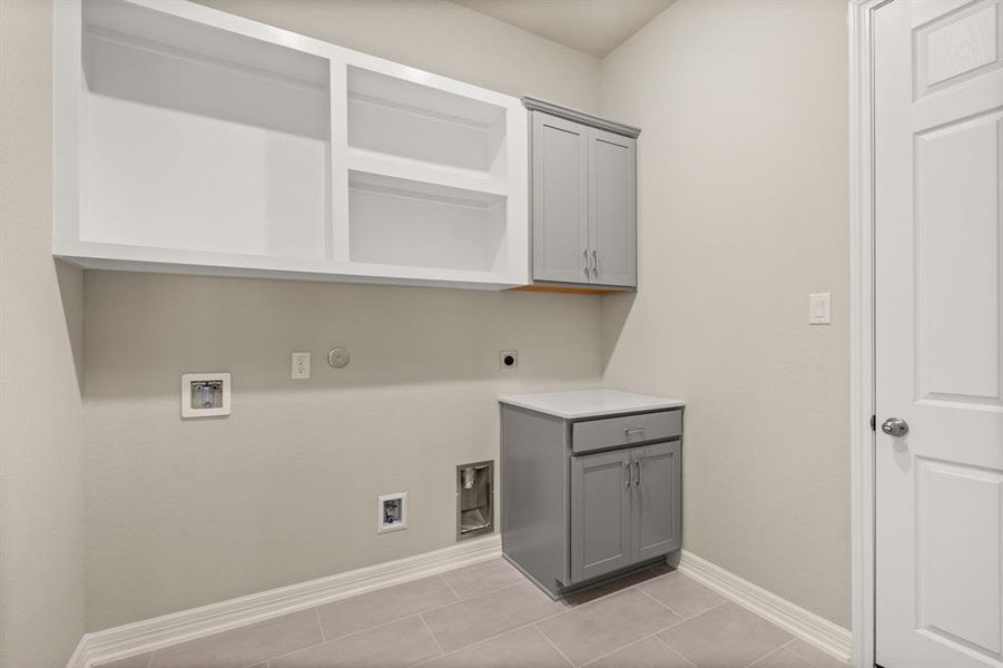 The laundry room layout is carefully planned for optimal workflow with designated areas for washing, drying, and storing.