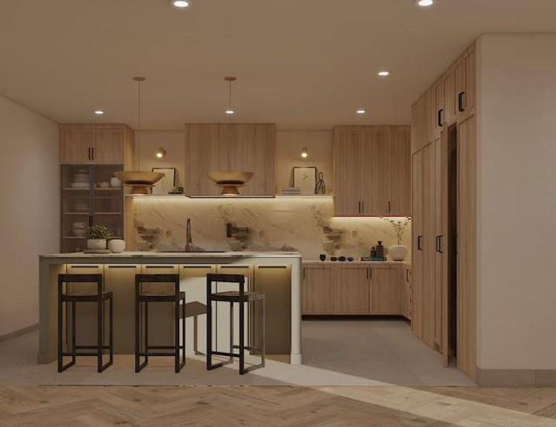 Main kitchen with 48 inch Sub-zero Fridge and 48 inch Wolfe gas range and Wolf double oven, white oak cabinets, 6x9 island