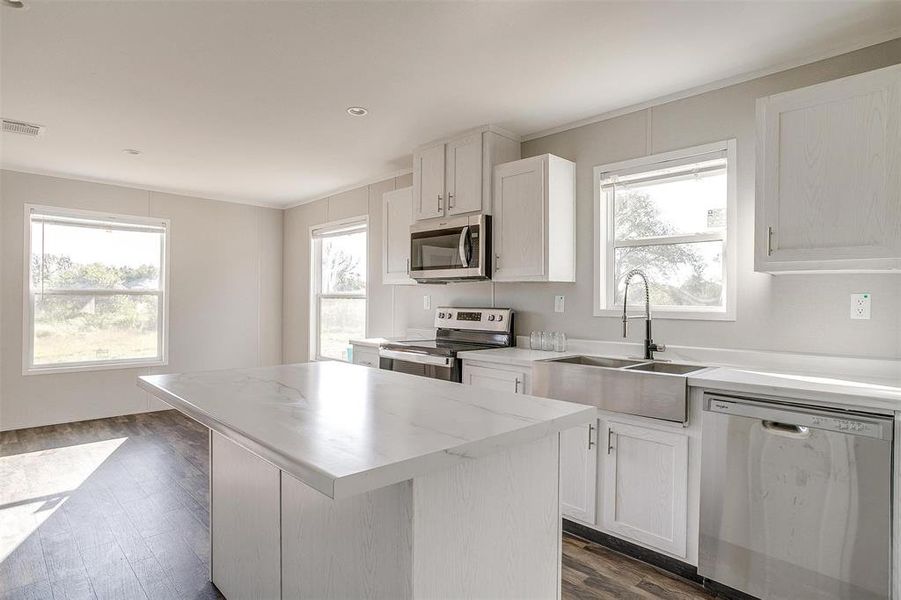 Kitchen featuring white cabinets, appliances with stainless steel finishes, and a healthy amount of sunlight