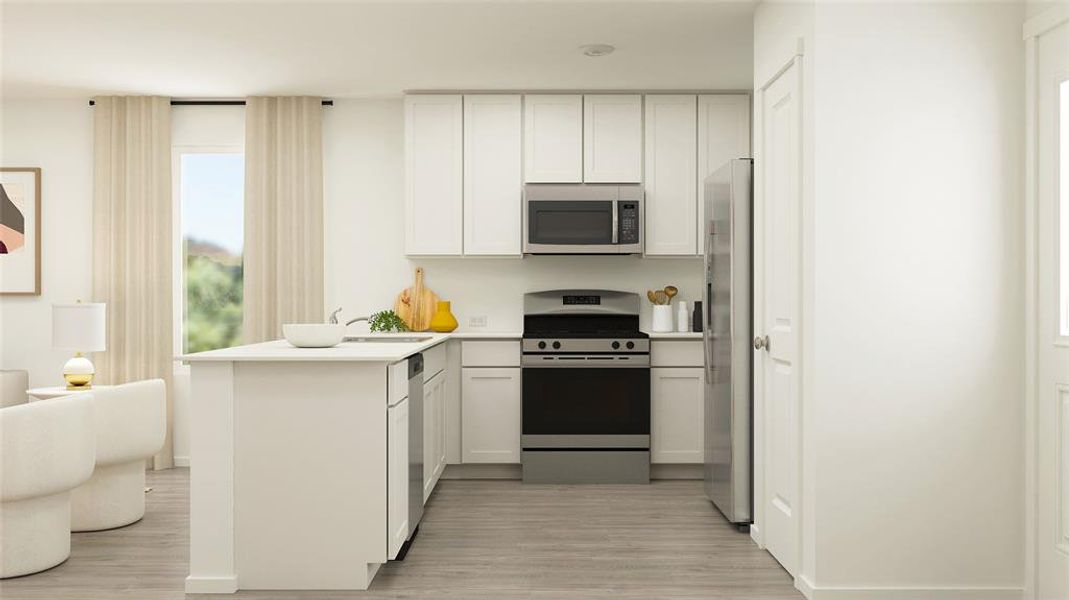 Kitchen with sink, kitchen peninsula, light hardwood / wood-style flooring, white cabinetry, and appliances with stainless steel finishes