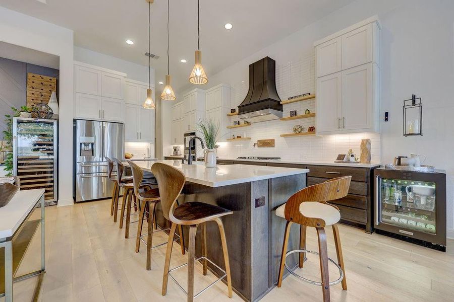 Farmhouse Kitchen with floating Wood Shelves, Silestone counters, Large Vent Hood, Modern Tile Backsplash and Lots More!