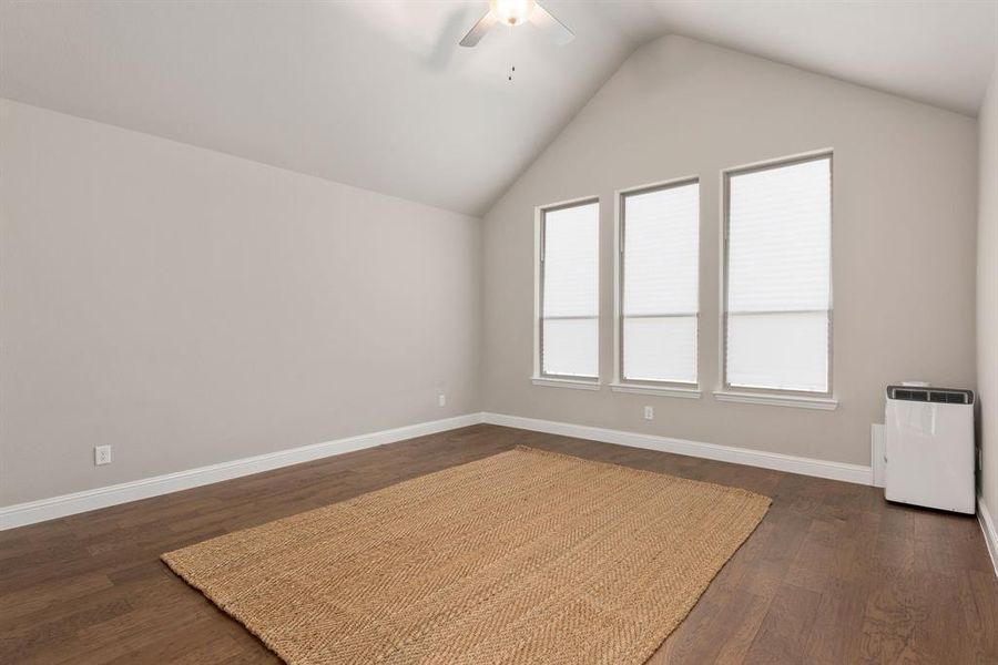 Empty room featuring lofted ceiling, ceiling fan, and dark hardwood / wood-style flooring