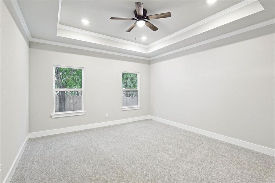 Carpeted spare room featuring ceiling fan, a tray ceiling, and crown molding
