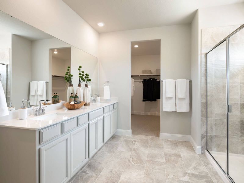 His and Hers vanities and a large shower highlight your spa-like retreat.