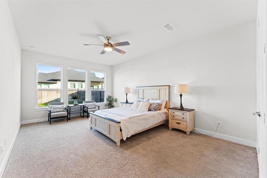 The spacious master bedroom features plush carpet flooring, a ceiling fan for comfort, and wide windows that flood the room with natural light. It includes a designated space for a sitting area, providing a peaceful retreat within the home.