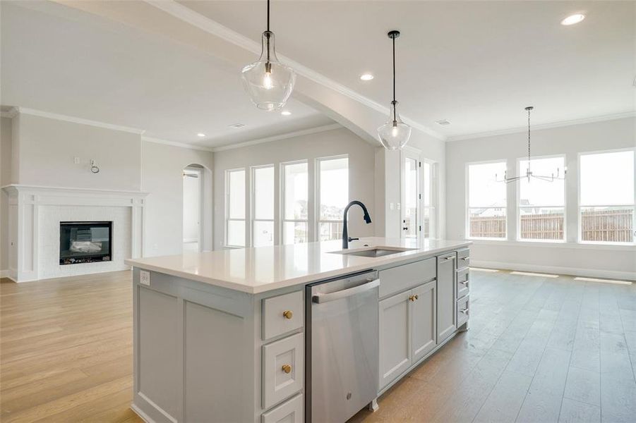 Kitchen with stainless steel dishwasher, crown molding, light wood-type flooring, sink, and a kitchen island with sink