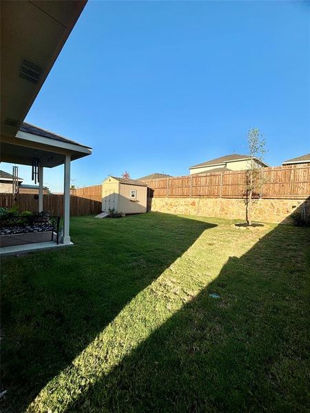 View of yard with a patio and a storage unit