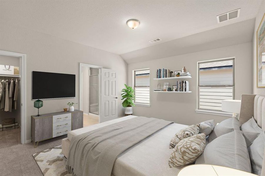 The primary bedroom is generously sized, creating a tranquil and spacious retreat that offers ample room for relaxation. Featuring plush carpet, high ceilings, fresh paint, and large windows that lets in natural lighting throughout the day.