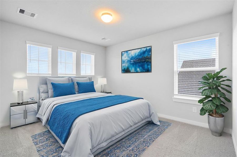 Secondary bedroom features plush carpet, custom neutral paint and a large windows with privacy blinds.