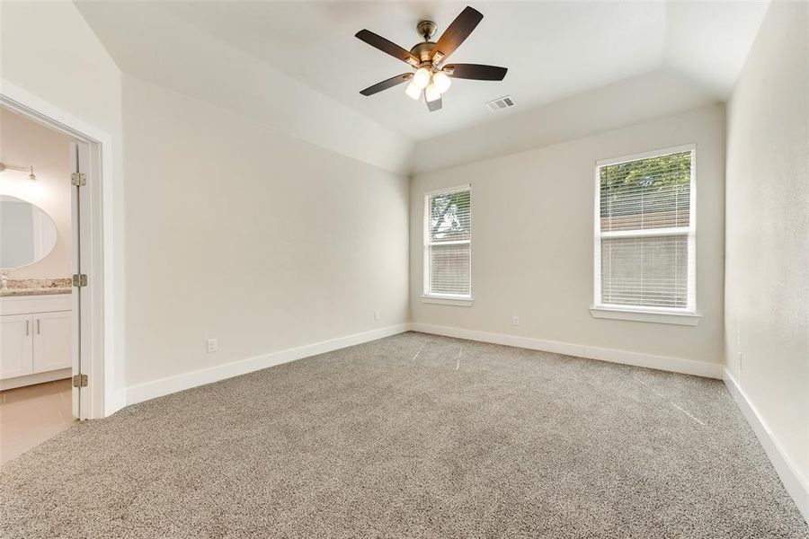 Carpeted empty room featuring ceiling fan, plenty of natural light, and vaulted ceiling