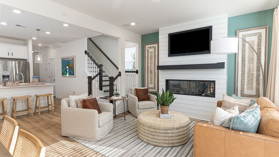 Egret plan Boykins Run living room with shiplap fireplace