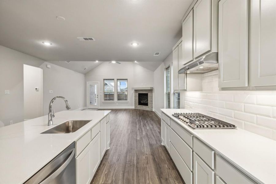 Kitchen featuring dark hardwood / wood-style flooring, sink, vaulted ceiling, appliances with stainless steel finishes, and white cabinets