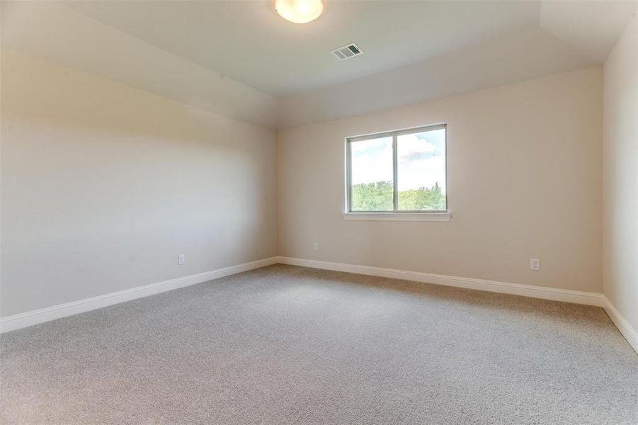 Spare room featuring vaulted ceiling and carpet