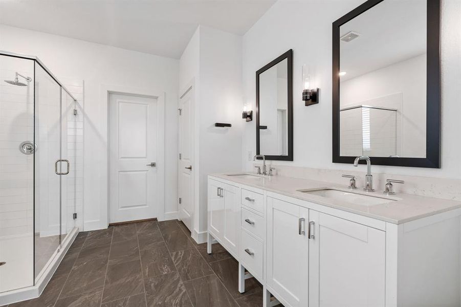 Modern primary bath with framed mirrors, raised faucets.  Notice large shower too!