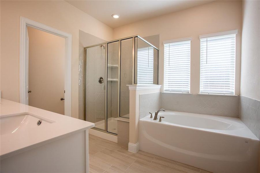 Bathroom featuring vanity and independent shower and bath