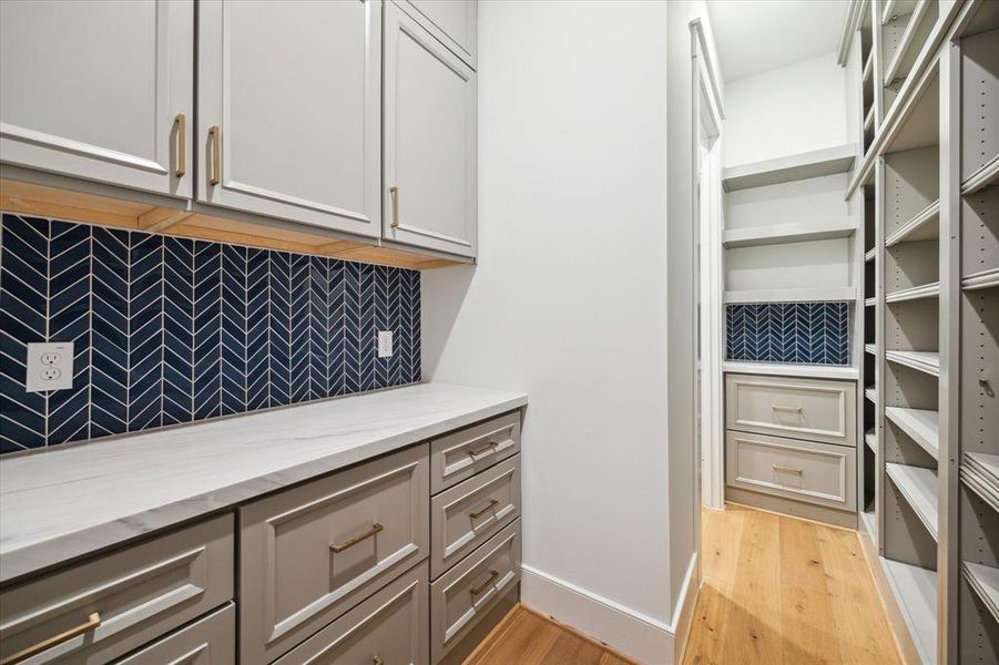 The spacious walk in pantry features upper cabinets, lower drawers, floor to ceiling shelves and counterspace for your kitchen appliances.