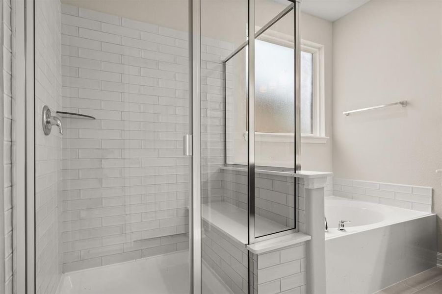 This additional view of your primary bathroom features tile flooring, fresh paint, walk-in shower, a separate garden tub, and a large walk-in closet.