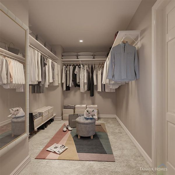 Walk-in closet is the size of a small bedroom (8 x 11)! Tons of hanging space and numerous options to accommodate your storage needs. Example photo, virtually staged