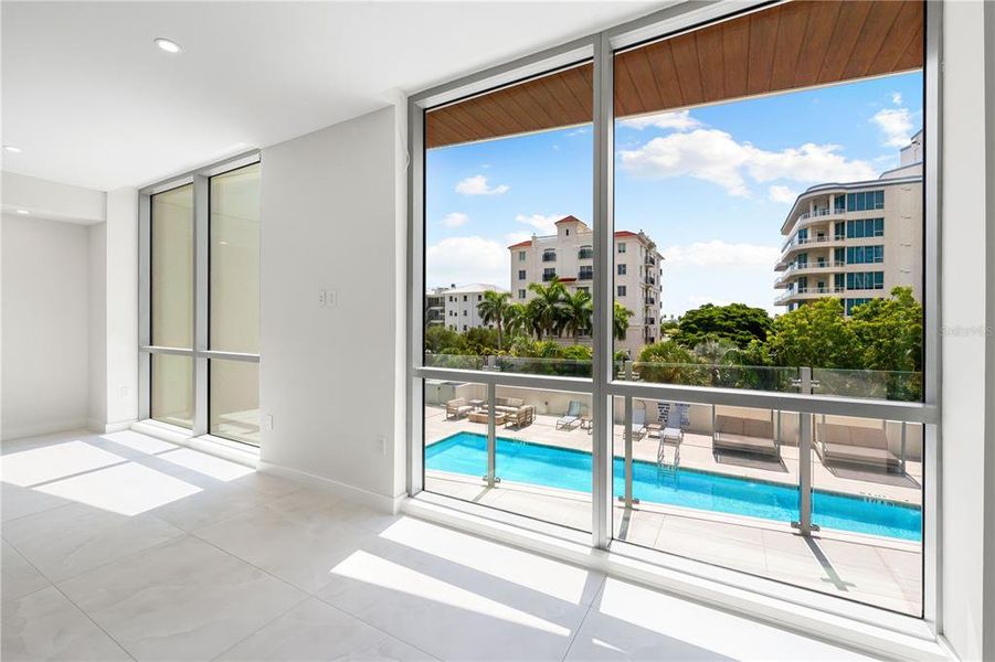 Living room overlooking the pool and Golden Gate Point