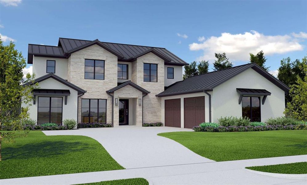 View of front of home featuring a front yard and a garage