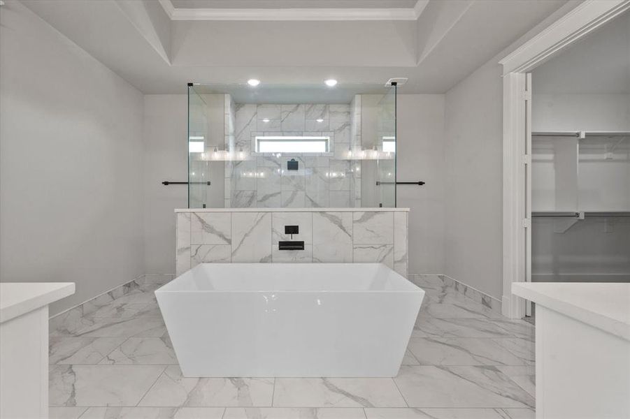 Bathroom featuring vanity, shower with separate bathtub, and a raised ceiling