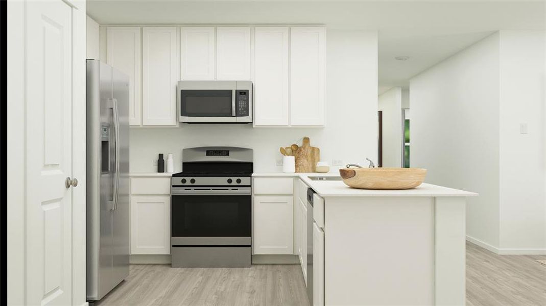 Kitchen with appliances with stainless steel finishes, light hardwood / wood-style flooring, kitchen peninsula, and white cabinets