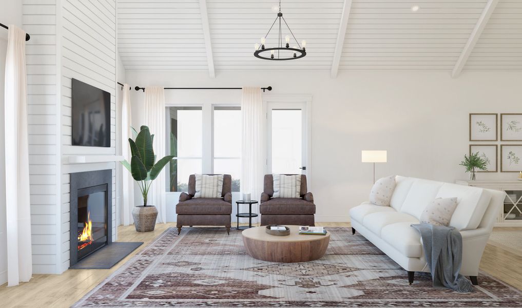 Great room with fireplace and white stained shiplap ceiling