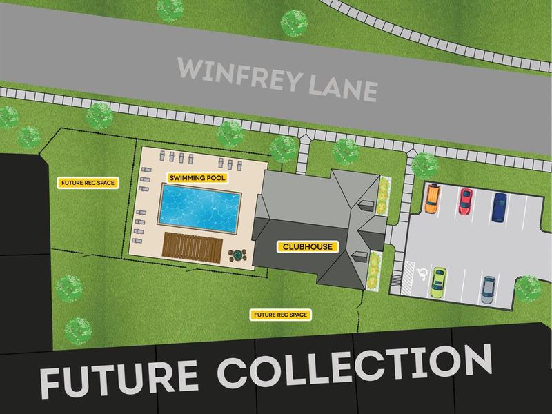 Winfrey Estates offers a resident-only amenity center with a clubhouse that includes a fitness area, event room, and full kitchen. Plus, enjoy the outdoor swimming pool! Image is for illustrative purposes only and subject to change.