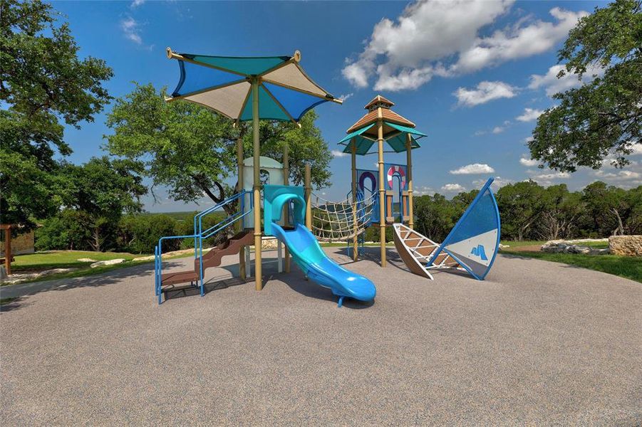 Playground by the lake and pool