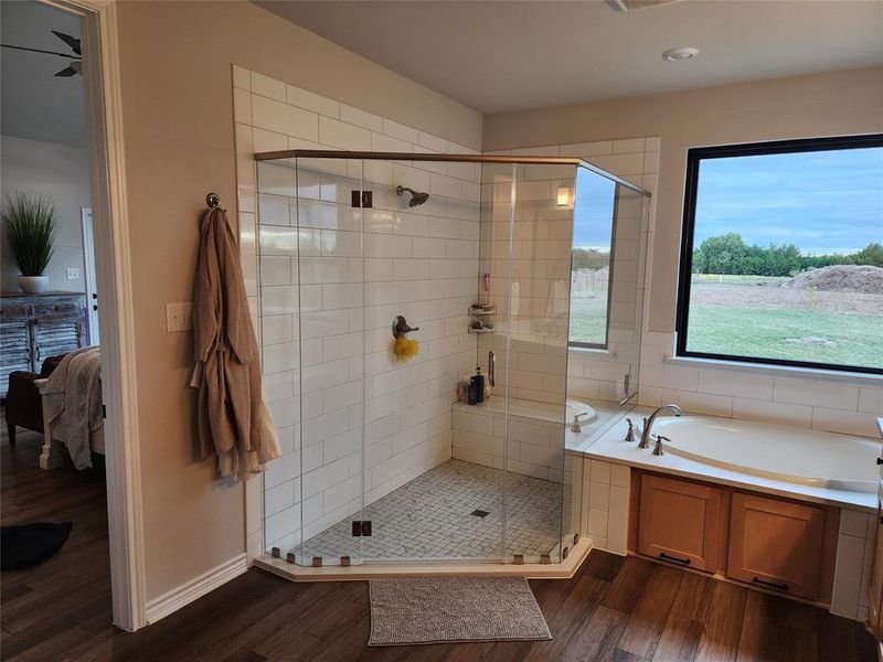 Bathroom featuring ceiling fan, hardwood / wood-style flooring, and separate shower and tub