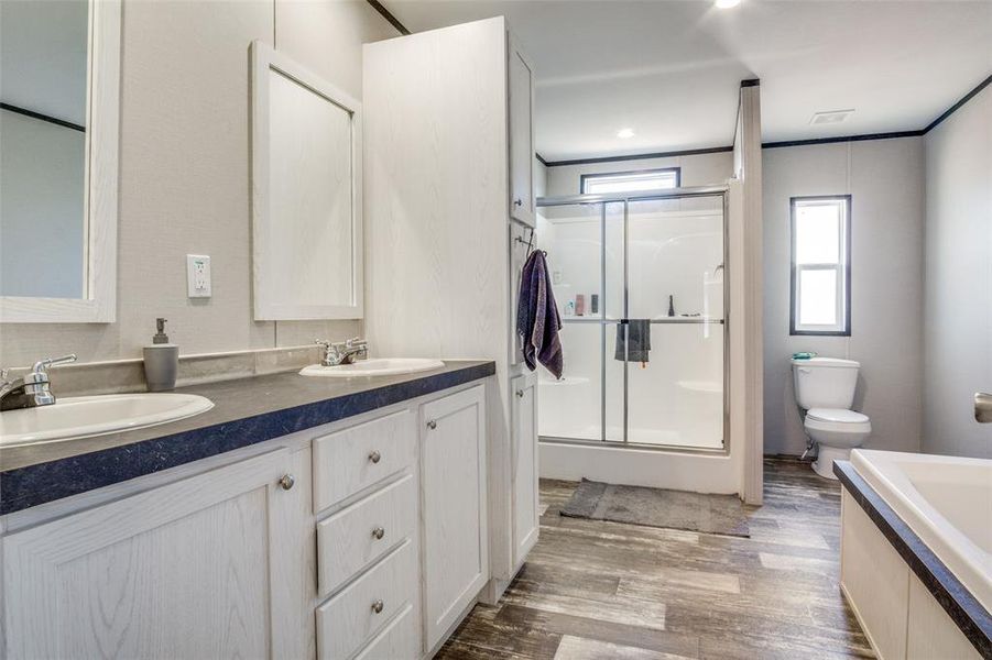 Bathroom featuring wood-type flooring, vanity, toilet, and a shower with shower door