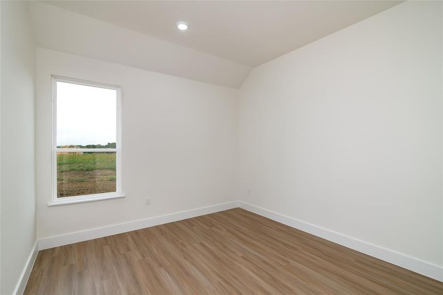 Spare room featuring wood-type flooring and lofted ceiling