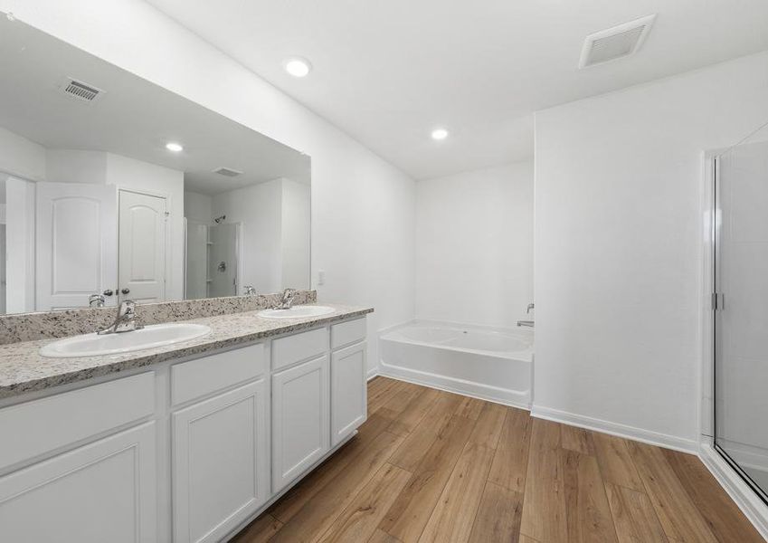 The master bathroom has a large vanity with two sinks