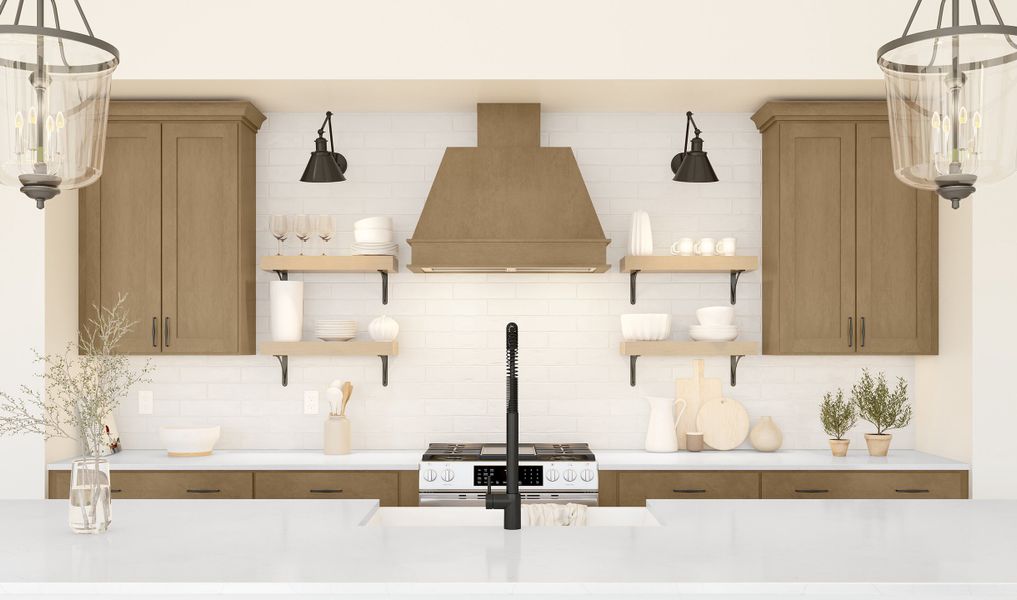 Kitchen with pendant lighting and floating shelves