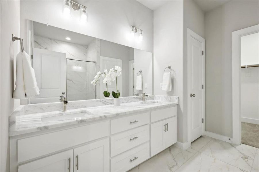 Bathroom featuring the double sink vanity