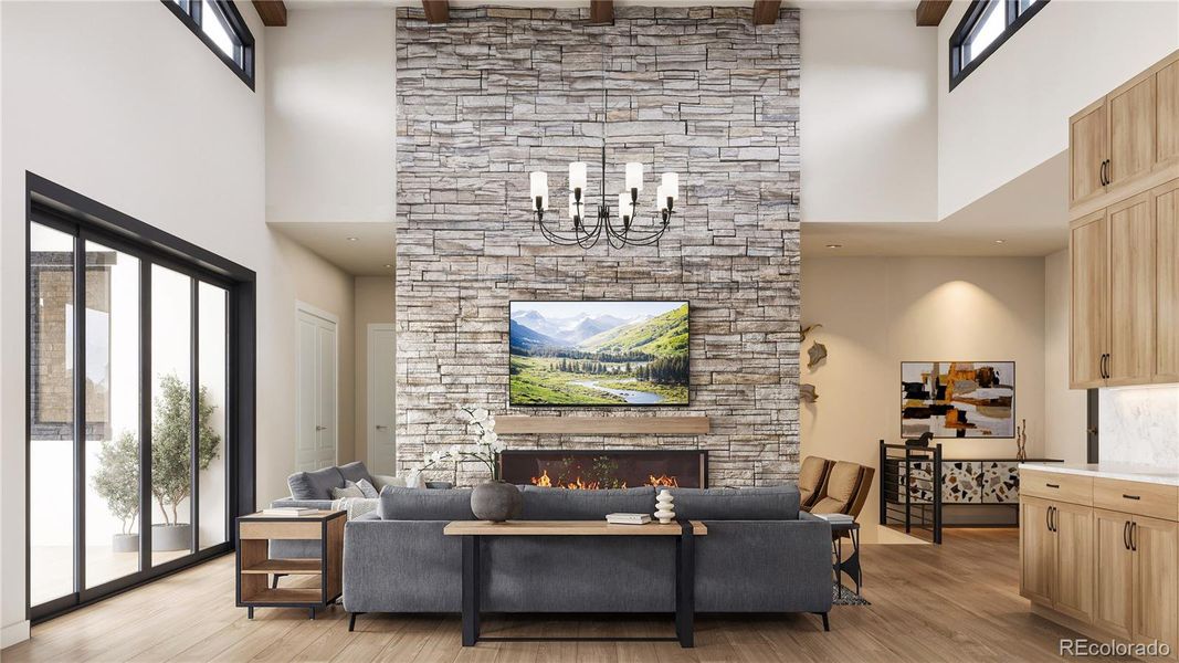 Great room with vaulted ceilings, optional stacking glass door, 42-inch fireplace framed by a sleek tile surround.