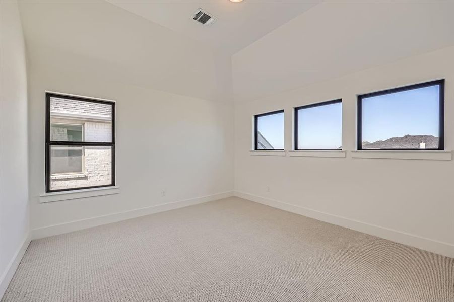 Carpeted spare room featuring vaulted ceiling