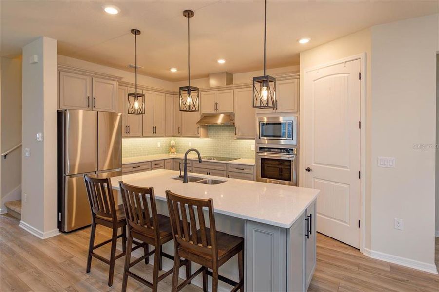 Tons of cabinet space, walk-in pantry, recessed & pendant lighting