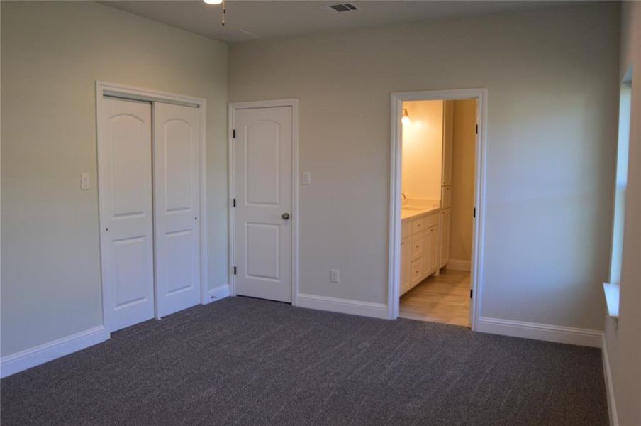 bedroom with ensuite bath, a closet, and carpet