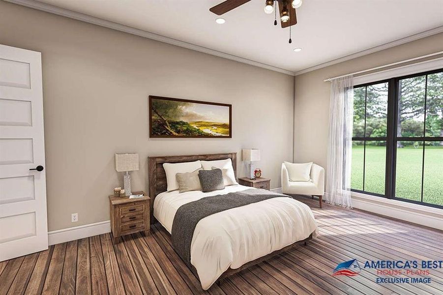Bedroom with ceiling fan, crown molding, and dark wood-type flooring