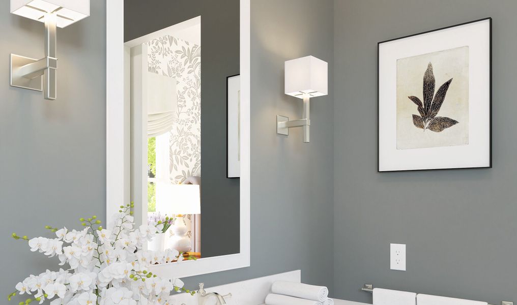 Charming fixtures and sconces in primary bath