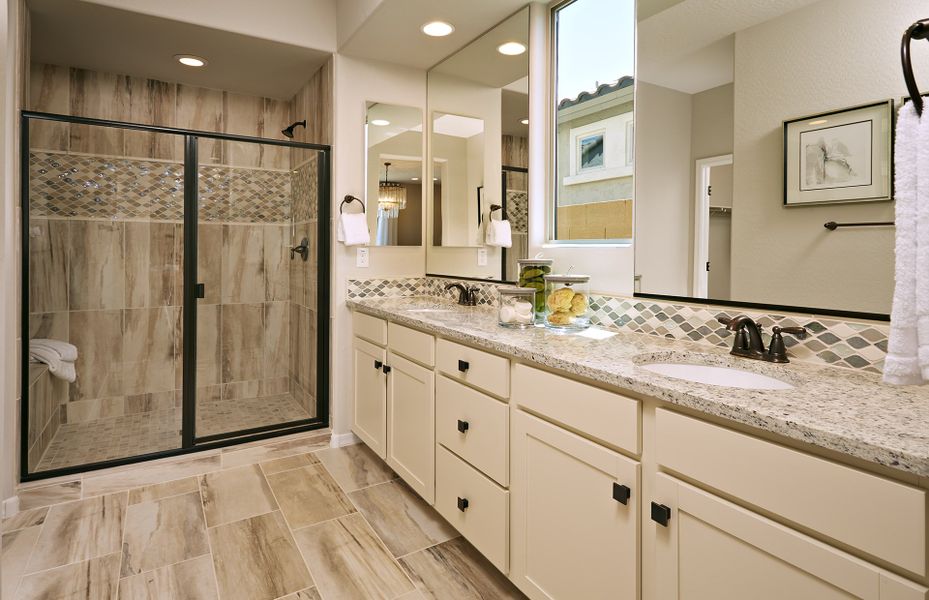 Luxurious owner's bath with dual sinks and a tiled