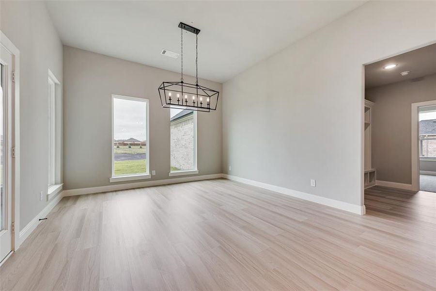 Unfurnished room with a chandelier, light hardwood / wood-style floors, and a wealth of natural light